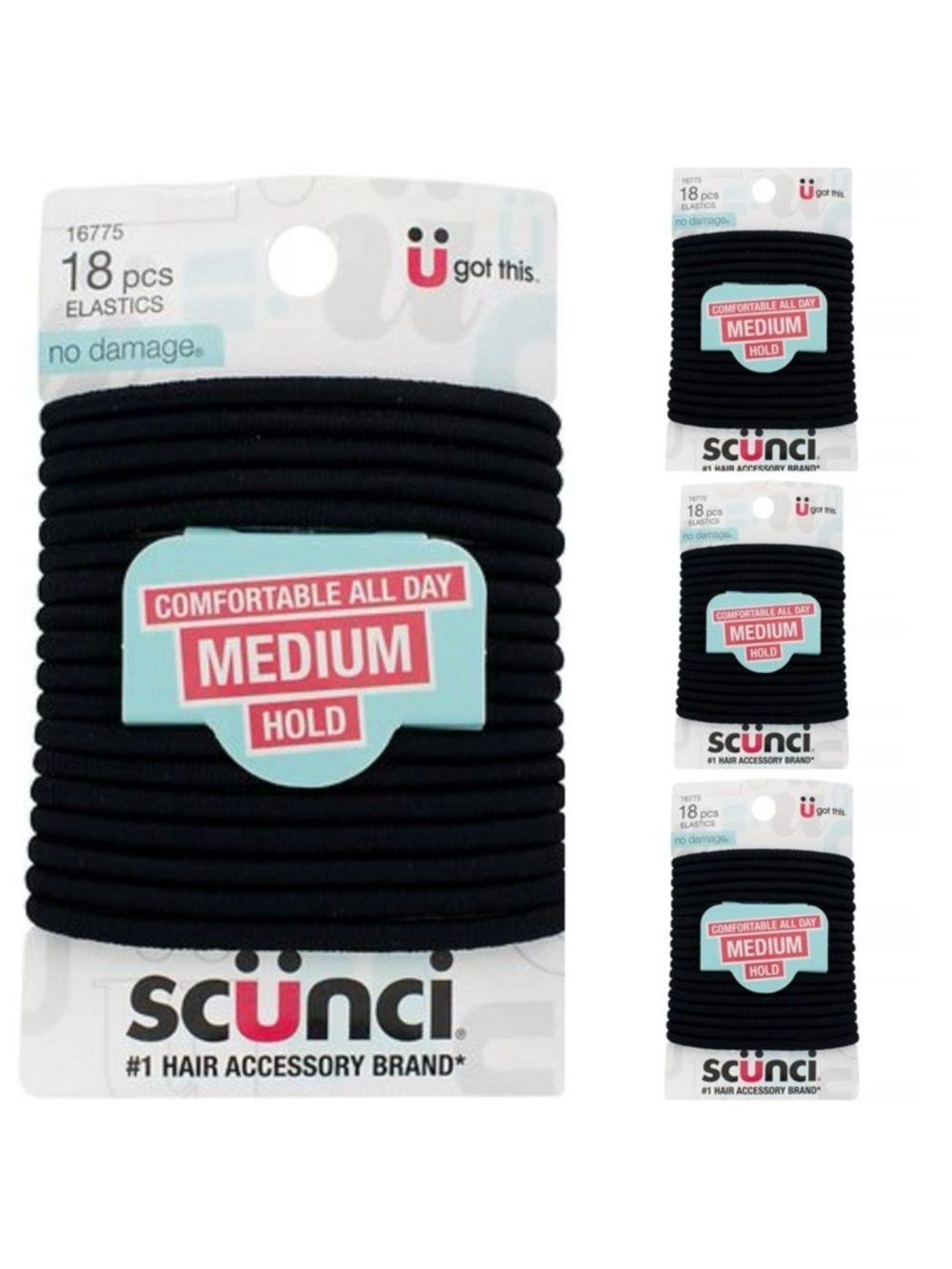 4 Scunci No Damage Medium-Hold Elastic Hair Bands Medium Black 18 ct., 72 Total